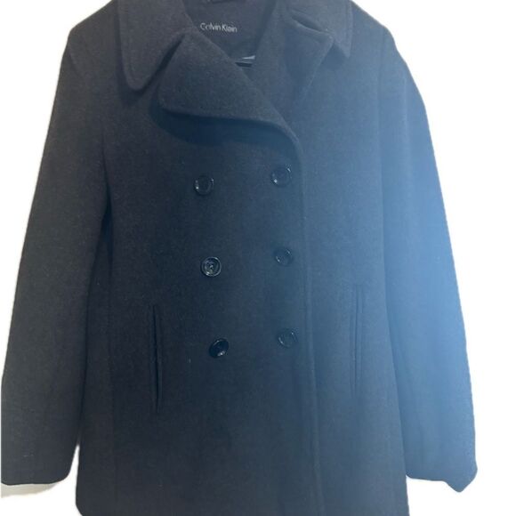 CALVIN KLEIN Wom. oversized Med-Lrg Charcoal double breasted Wool Blend Peacoat - Picture 2 of 11